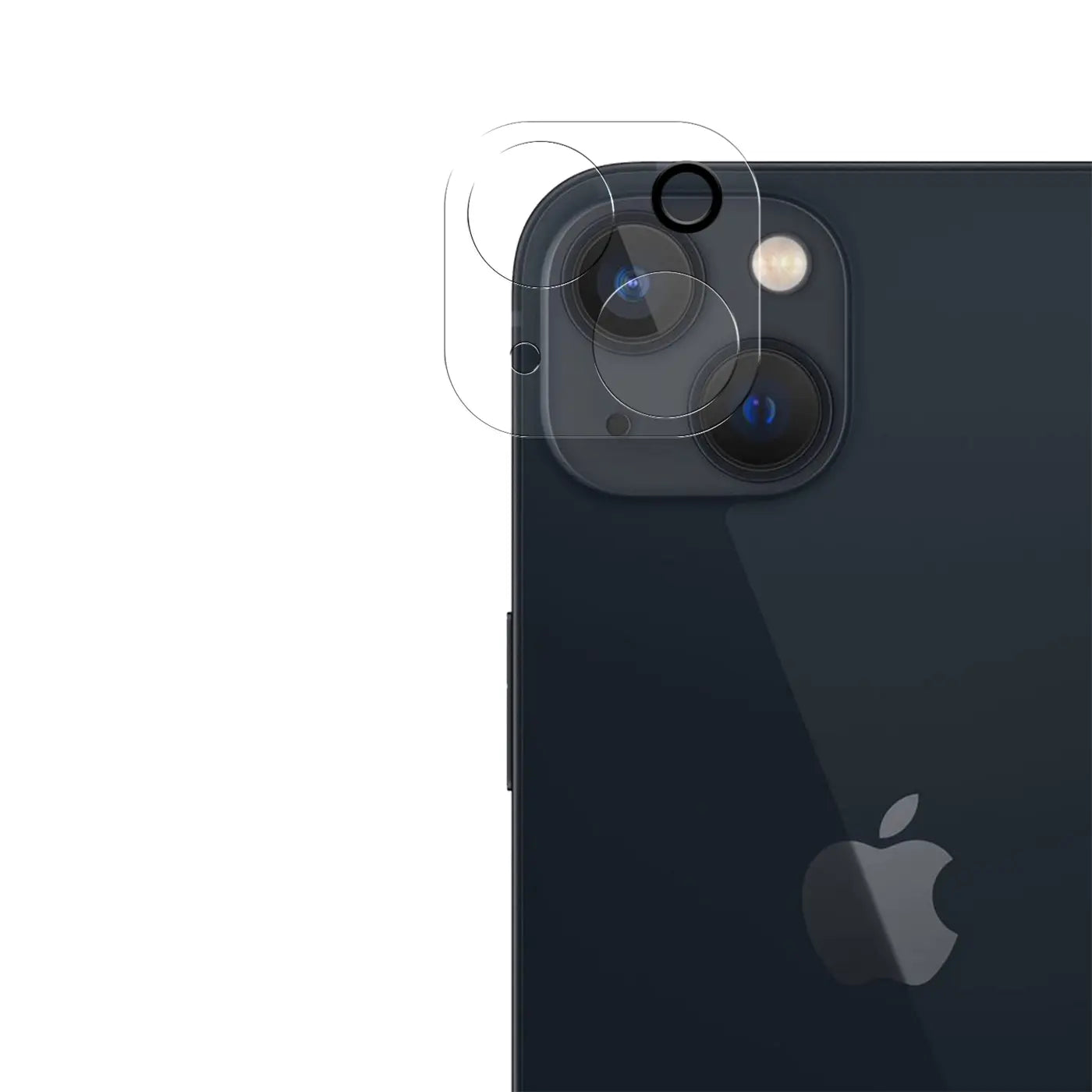 Transparente Schutzgläser für die Kamera eines dunkelblauen iPhone 13 Mini, schräg von hinten oben.