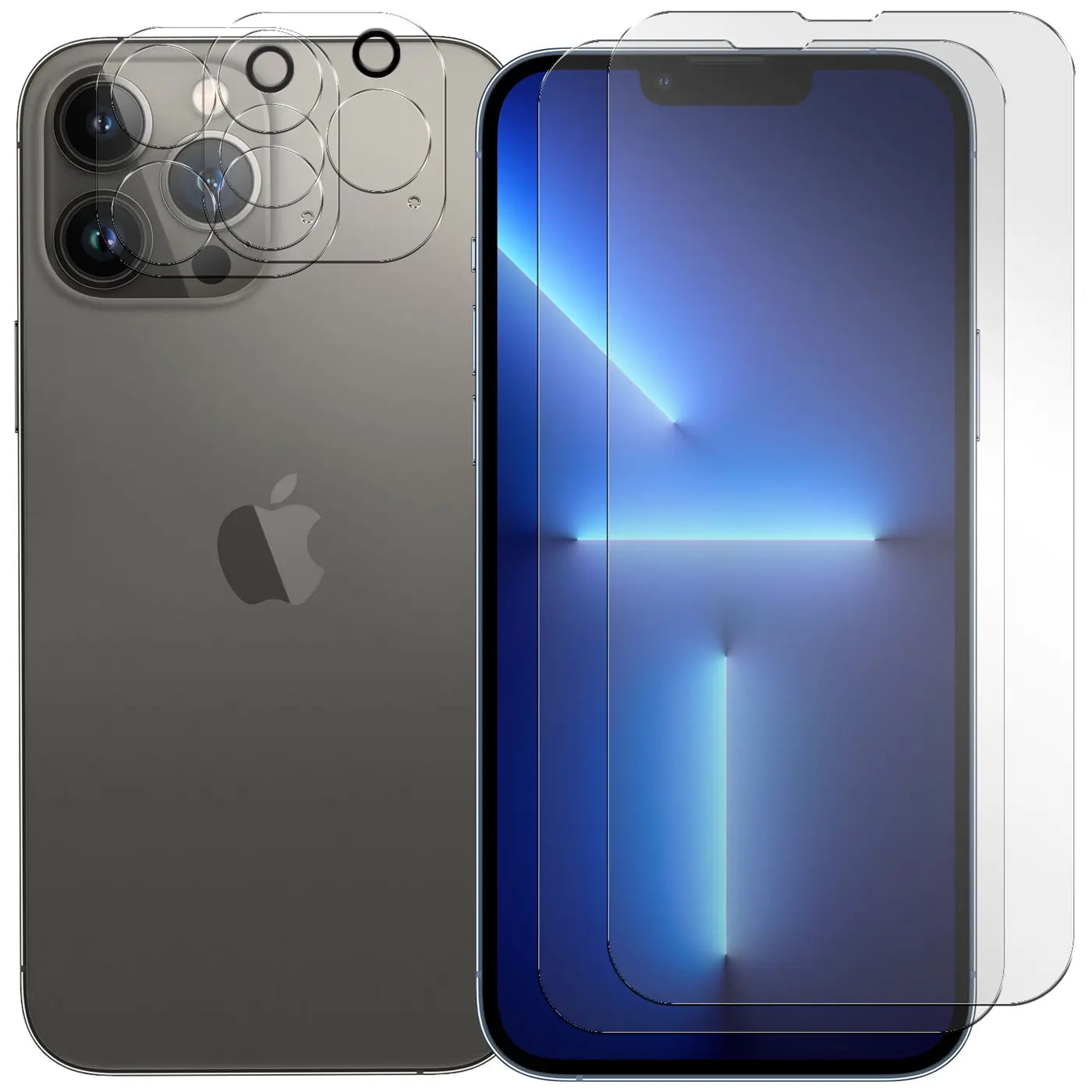 iPhone 13 Pro in Graphit von hinten mit transparenten Kameraschutzgläsern und von vorne mit zwei Displayschutzgläsern.