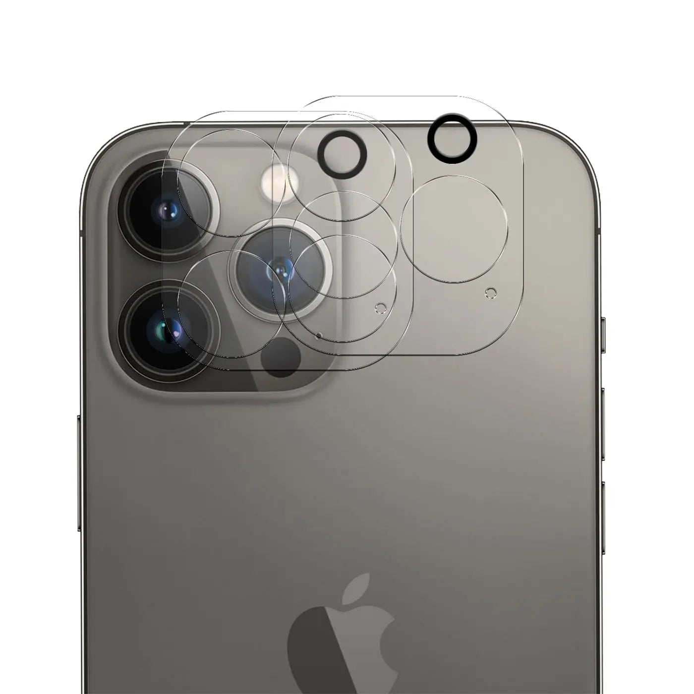 Rückseite eines grauen iPhone 13 Pro Max mit transparentem Schutzglas auf allen drei Kameras und Sensoren.