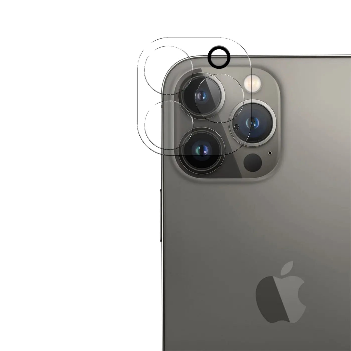 Transparenter Kameraschutz aus Glas, über dem Kameramodul eines grauen iPhone 13 Pro Max, von hinten oben rechts.