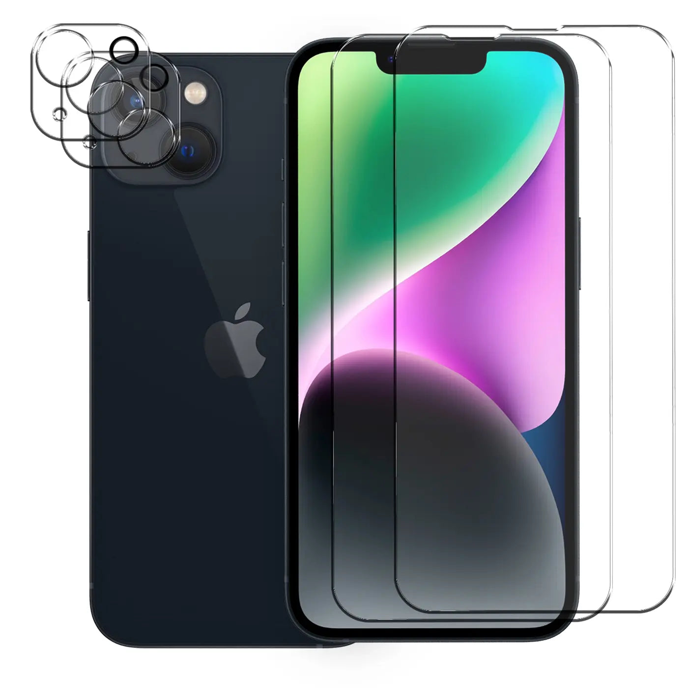 Dunkelblaues iPhone 14 von hinten und vorne mit 2 Displayschutzgläsern und 3 Kameraschutzgläsern aus Glas.