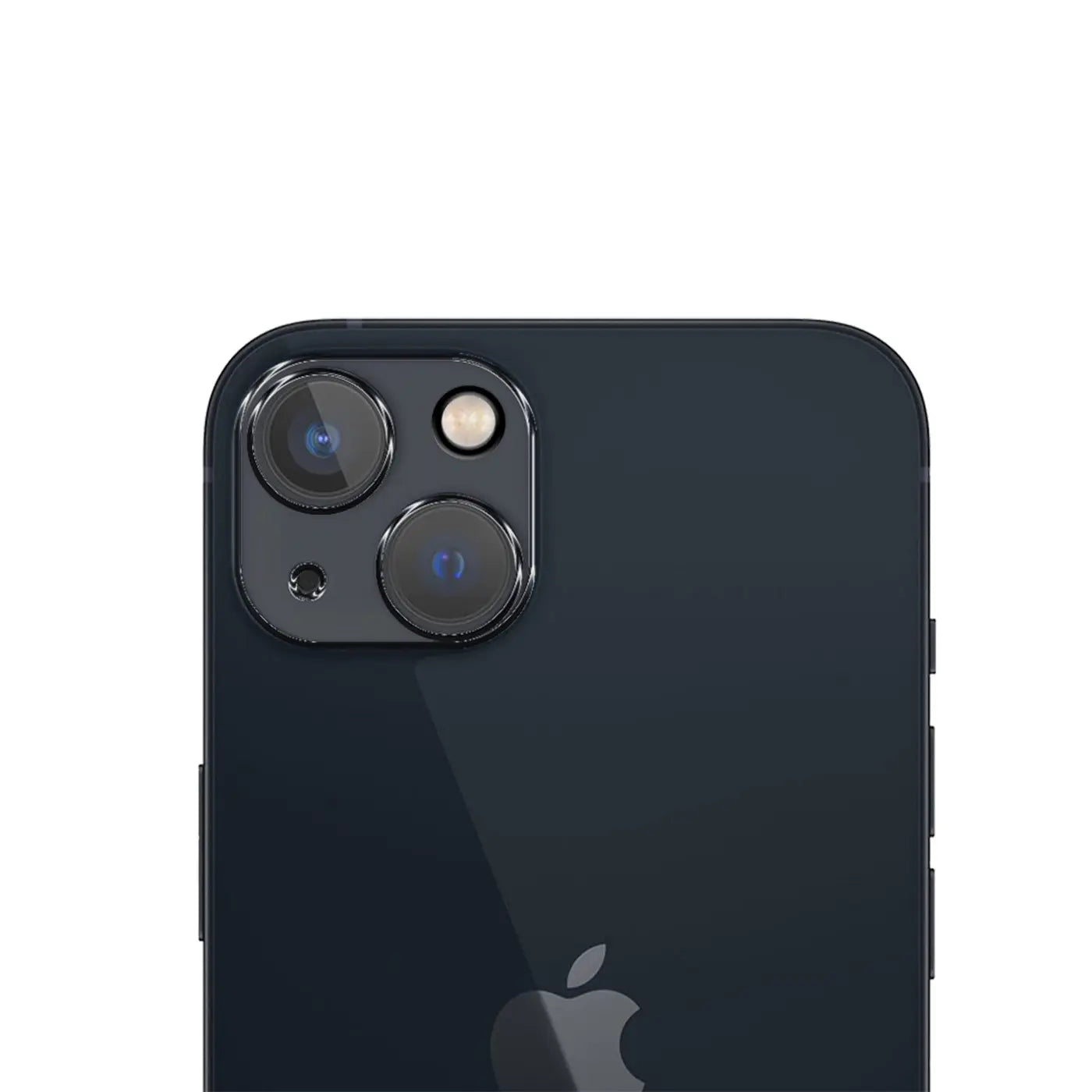 Rückseite eines dunkelblauen iPhone 14, schräg von hinten oben. Sichtbar sind die Dual-Kamera und das Apple-Logo.