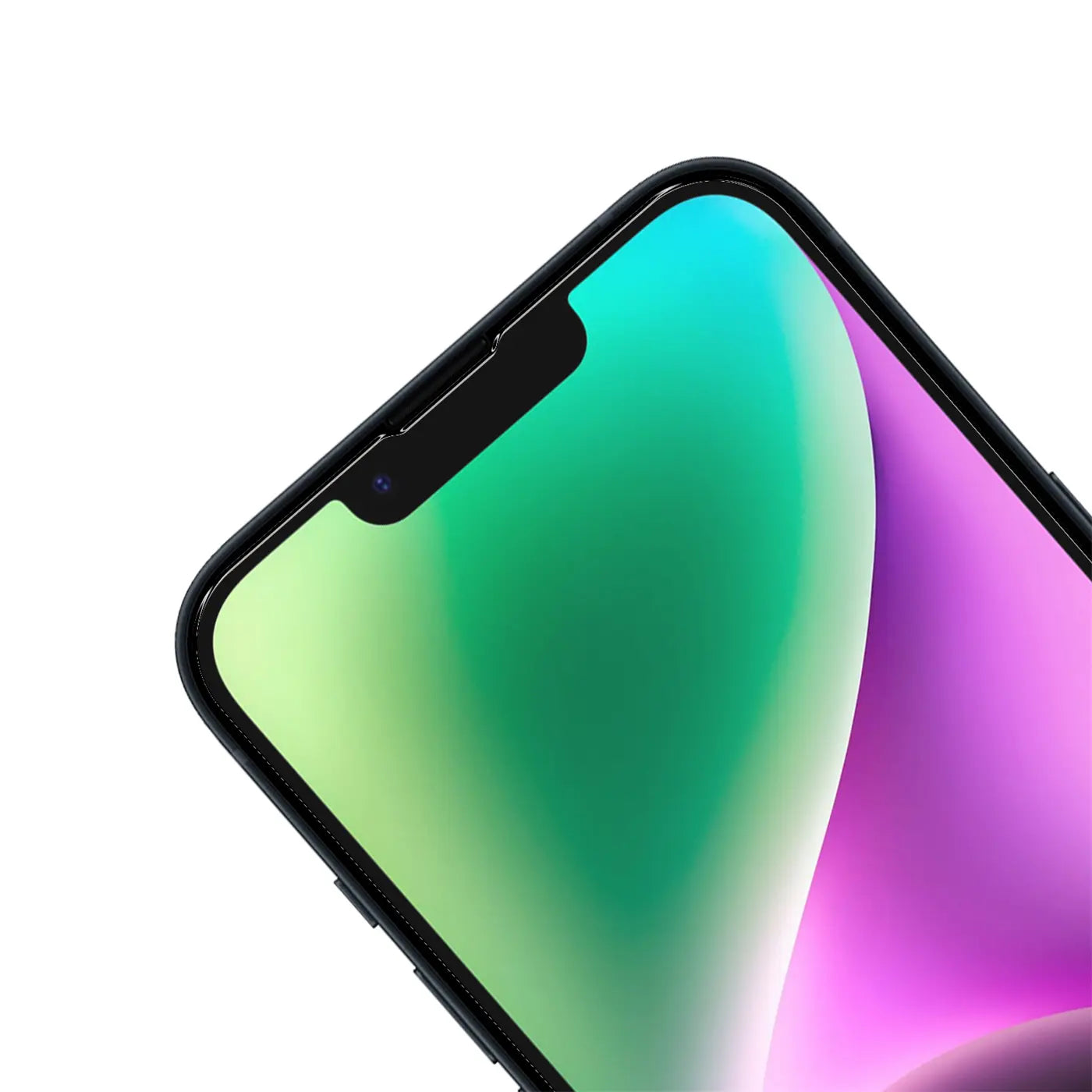 Nahaufnahme des oberen linken Bereichs eines iPhone 14 Plus mit Schutzglas, Display zeigt grüne und lila Farben.