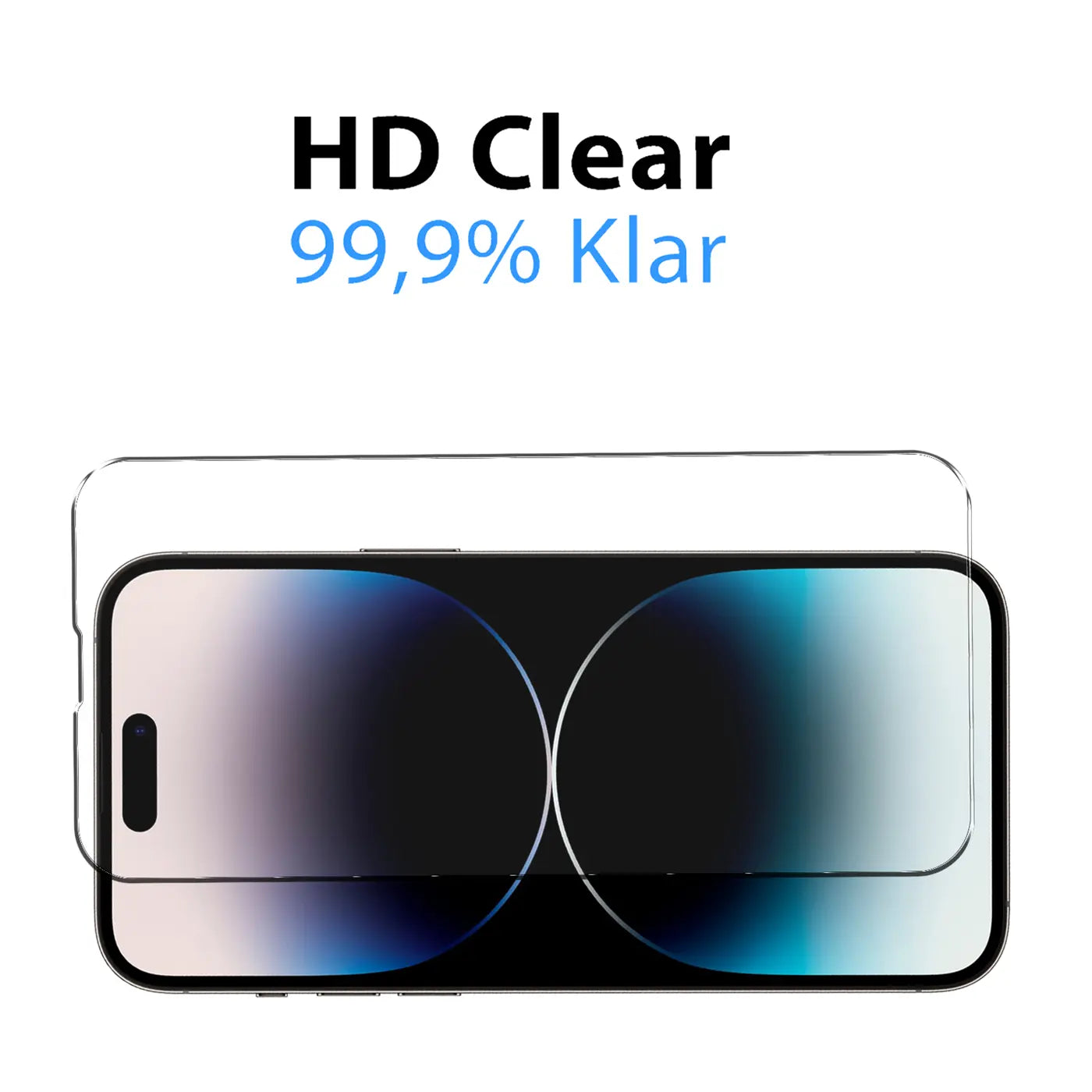 Klares Schutzglas für iPhone 14 Pro, von oben auf das Display gelegt, mit Text "HD Clear 99,9% Klar".