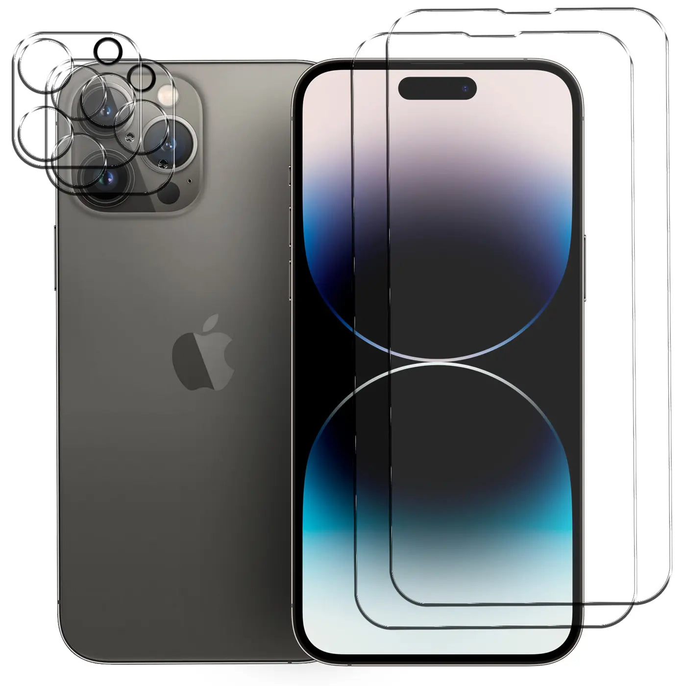 Graues iPhone 14 Pro Max von hinten und vorne schräg gezeigt, mit 2 Displayschutzfolien und 1 Kameraschutzfolie.
