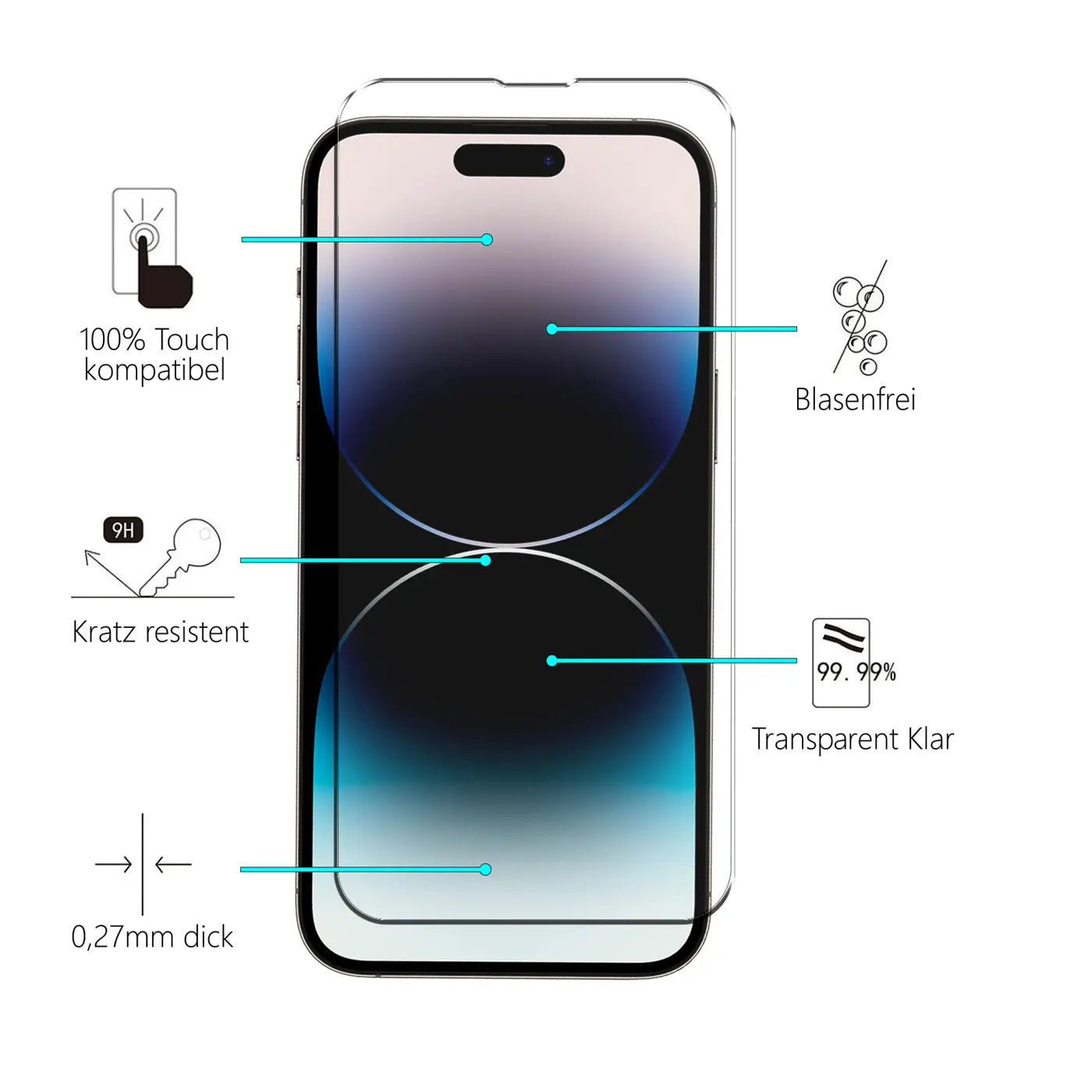 Transparentes Schutzglas auf iPhone 14 Pro Max Display von vorne, mit blauen Pfeilen zu Eigenschaften wie Kratzresistenz.