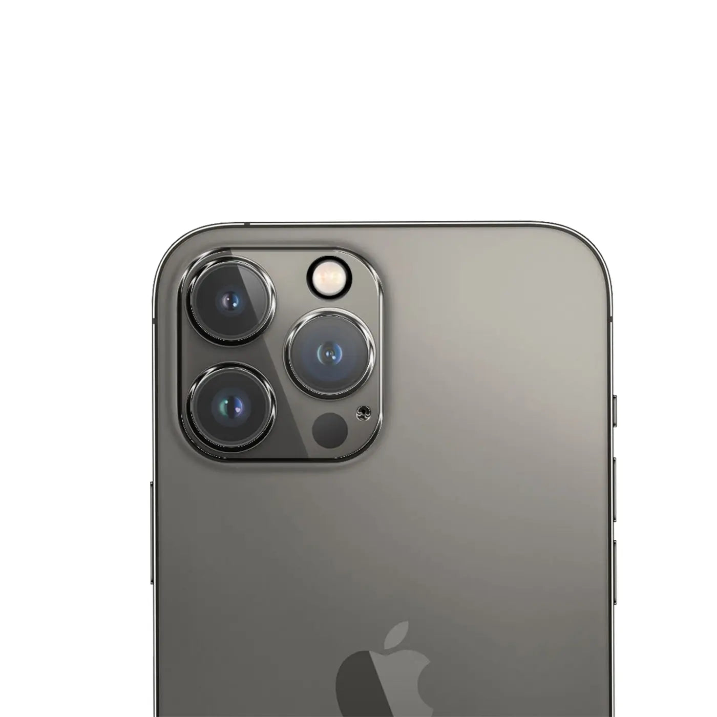 Rückseite eines dunkelgrauen iPhone 14 Pro Max mit drei Kameras, Blitz und Apple-Logo, schräg von oben.