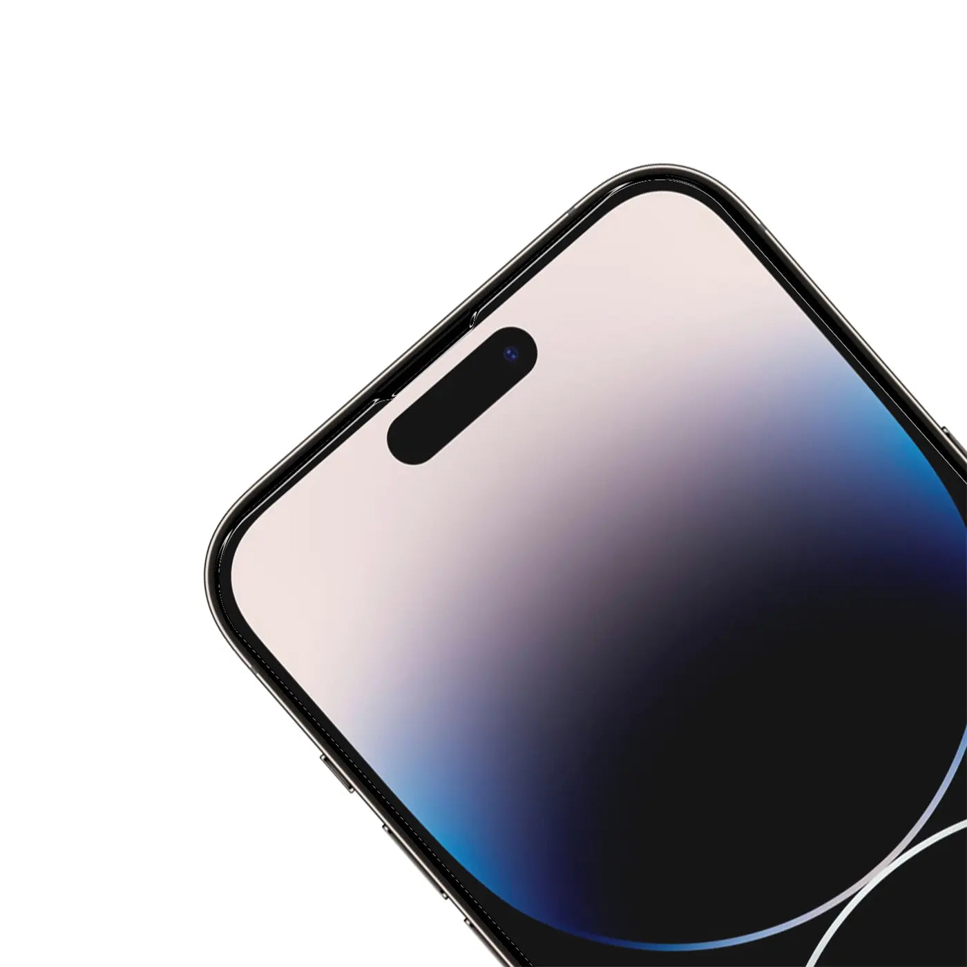Nahaufnahme des oberen Teils eines schwarzen iPhone 14 Pro Max Displays mit Dynamic Island, schräg von oben.