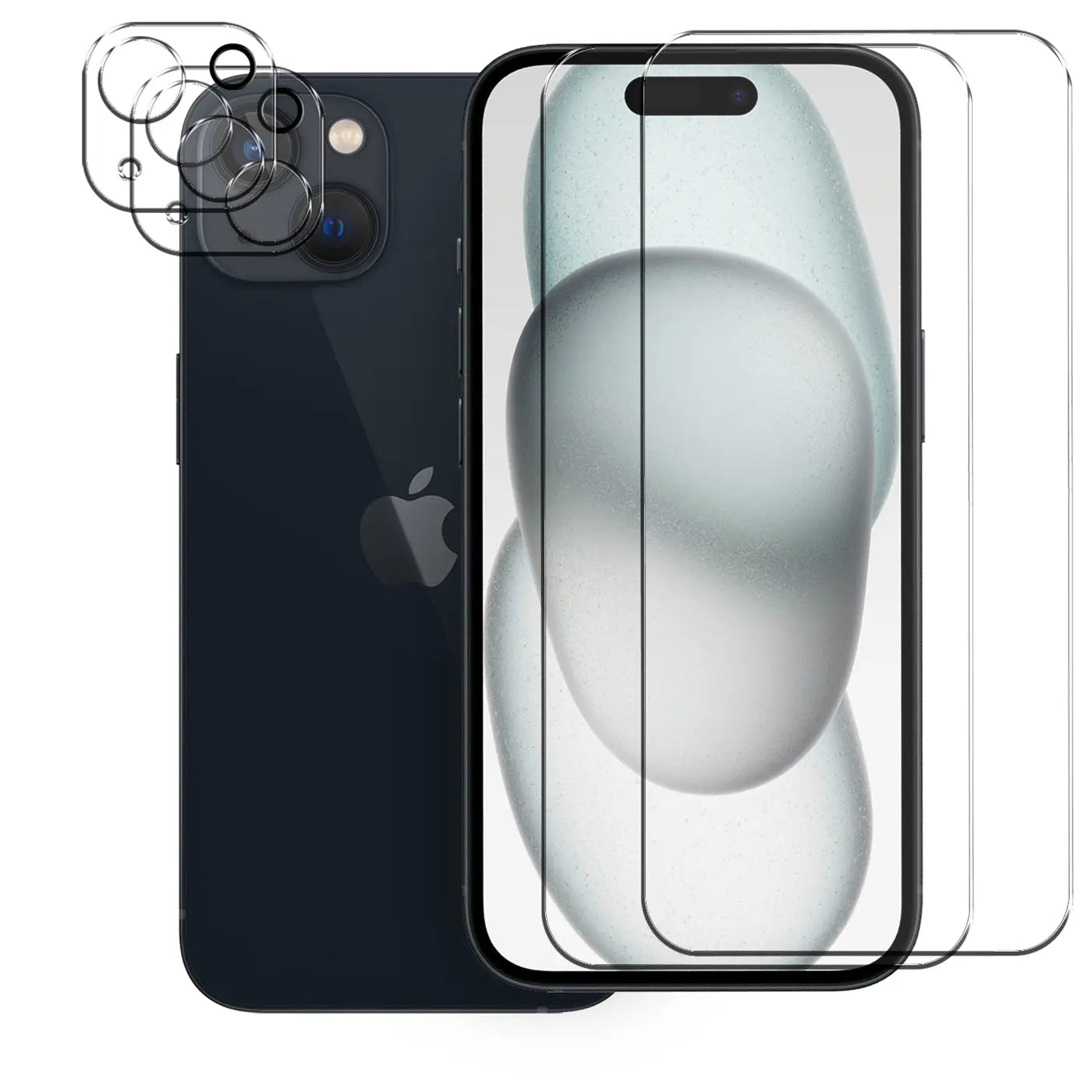 Dunkelblaues iPhone 15 von hinten und vorne mit zwei transparenten Schutzgläsern für Display und Kamera.