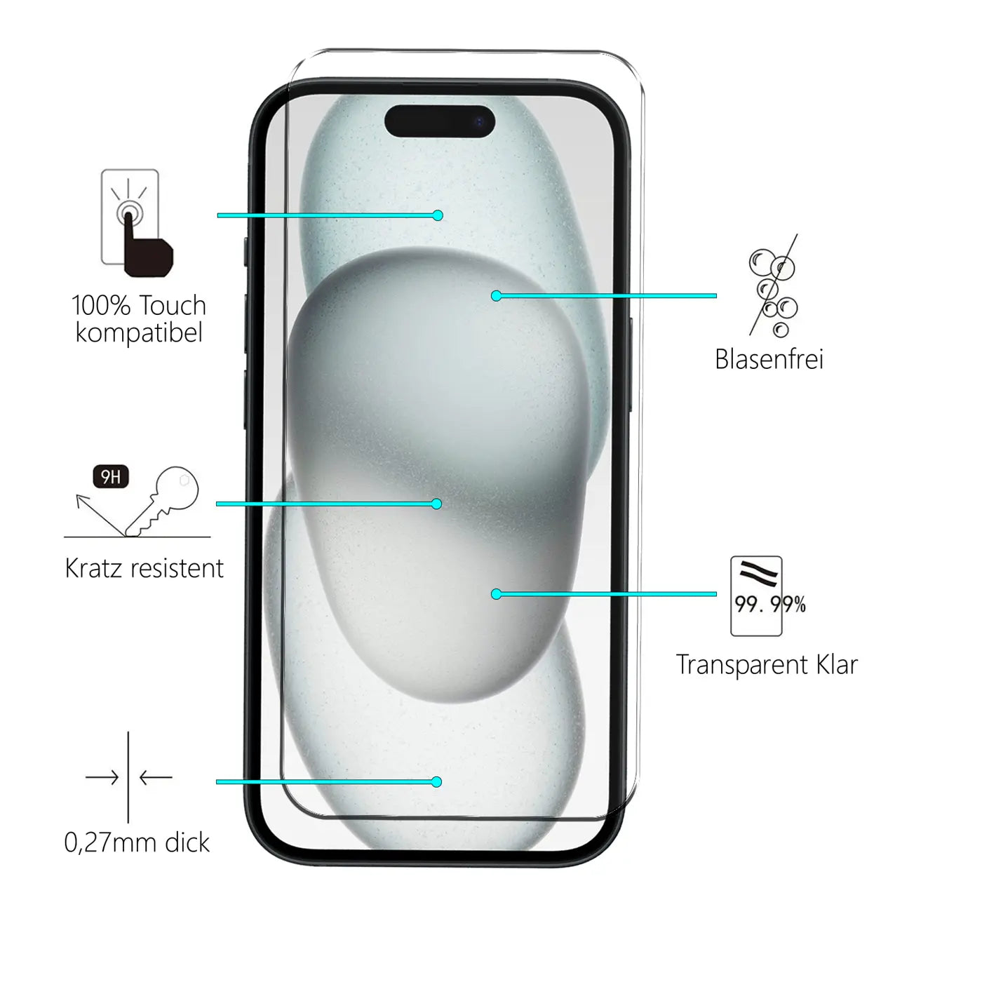 Transparentes Schutzglas für iPhone 16 von vorne, mit blauen Linien zu Eigenschaften wie "Kratz resistent".