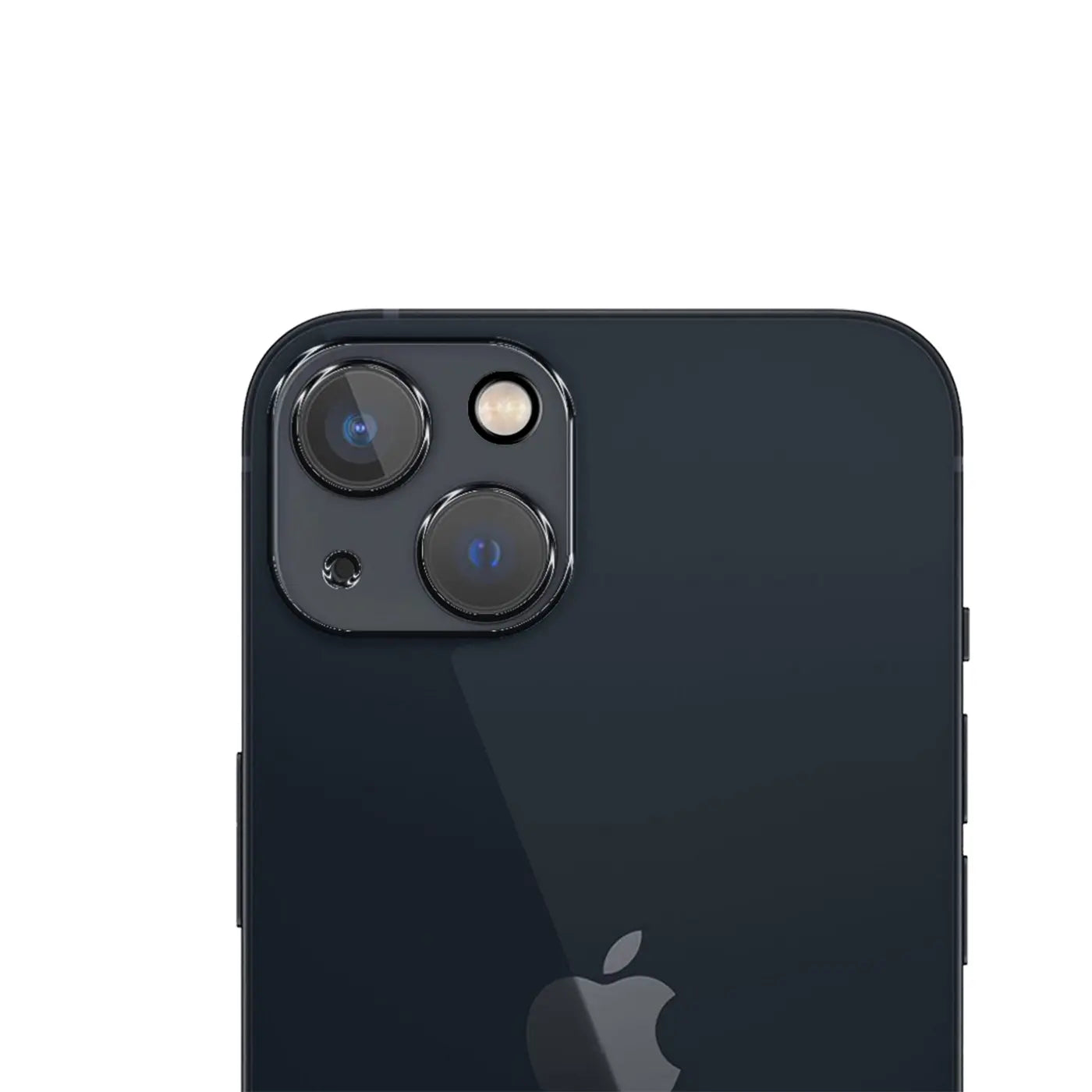 Dunkelblaues iPhone 15 mit Glasrückseite, schräg von hinten oben links. Sichtbar sind Kamera, Blitz und Apple-Logo.