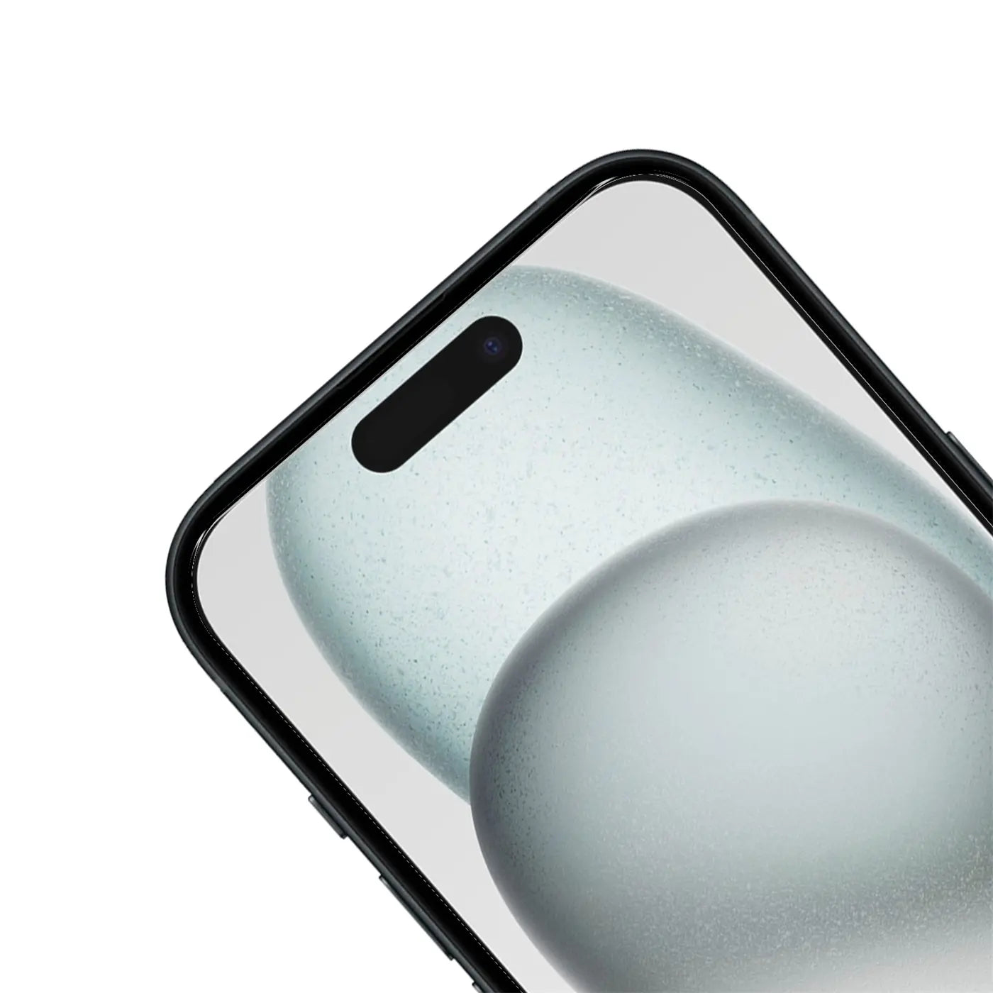Oberer Bereich eines schwarzen iPhone 16 mit Schutzglas, schräg von oben. Dynamic Island sichtbar, Display mit grauem.