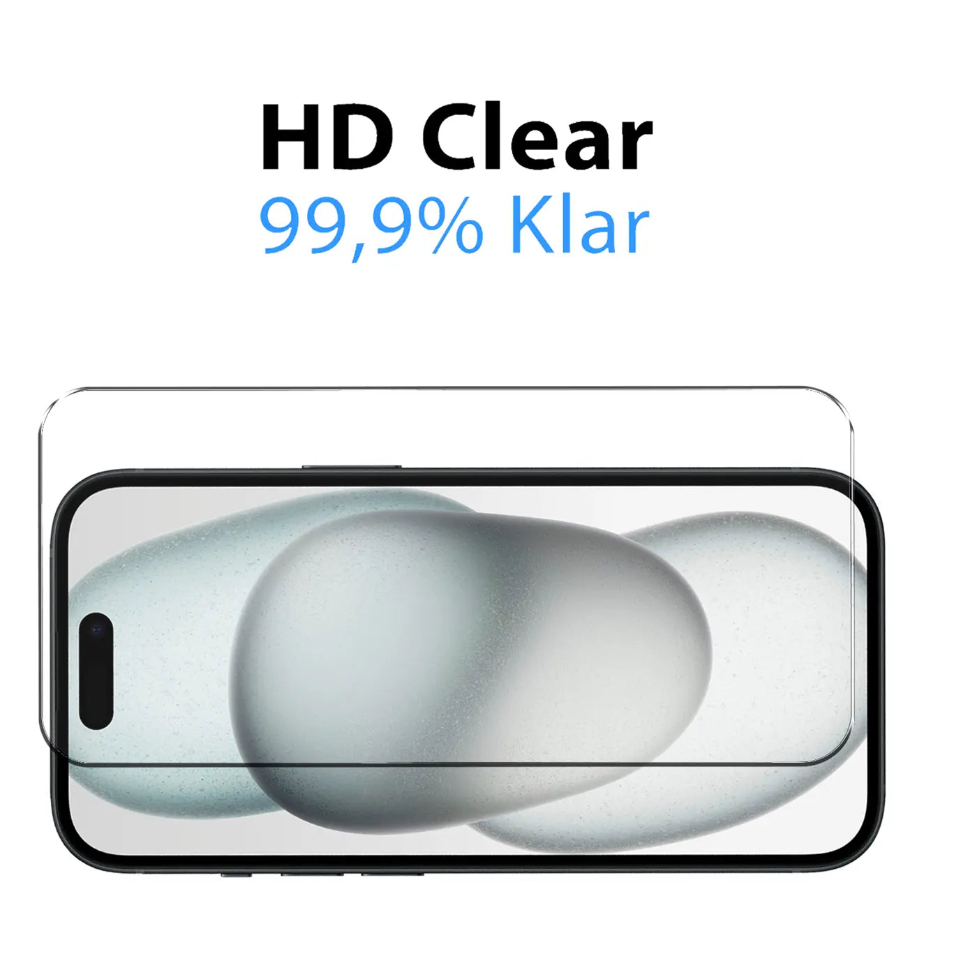 Klares Schutzglas für ein schwarzes iPhone 16, von oben betrachtet, mit Text "HD Clear 99,9% Klar" darüber.