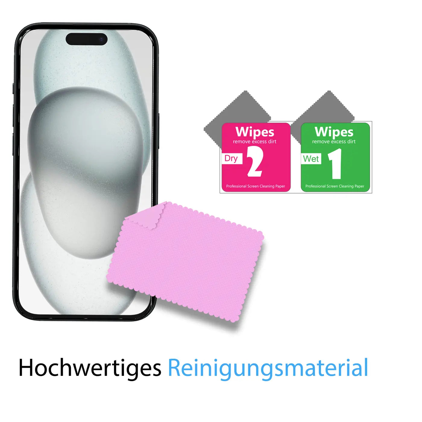 Schwarzes iPhone 16 mit Schutzglas, davor rosa Mikrofasertuch, rechts zwei Reinigungstücher (Wet/Dry) auf weißem Grund.