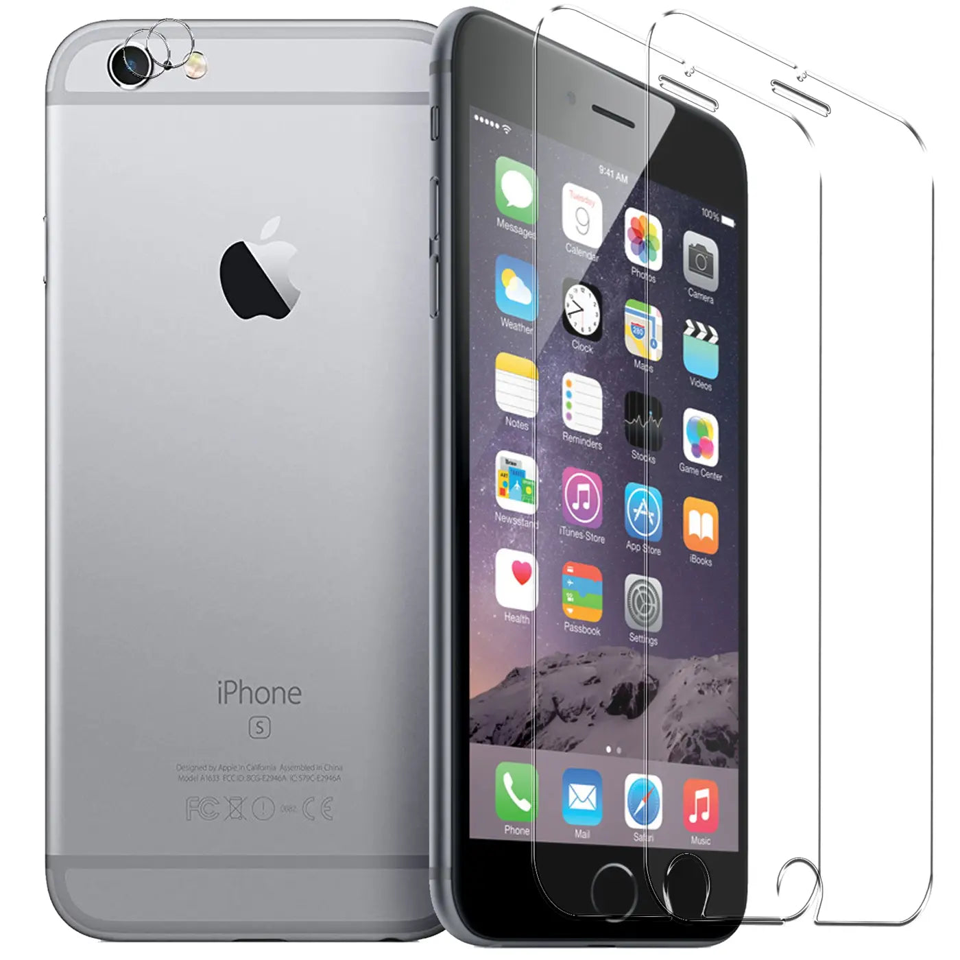 Silbernes iPhone 6S von hinten und vorne mit Display-Schutzglas, daneben zwei weitere Schutzgläser.