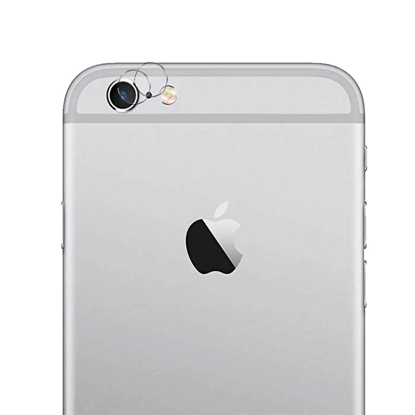 Rückseite eines silbernen iPhone 6/6S mit aufgesetztem, transparentem Schutzglas für Kamera und Blitz. Draufsicht.