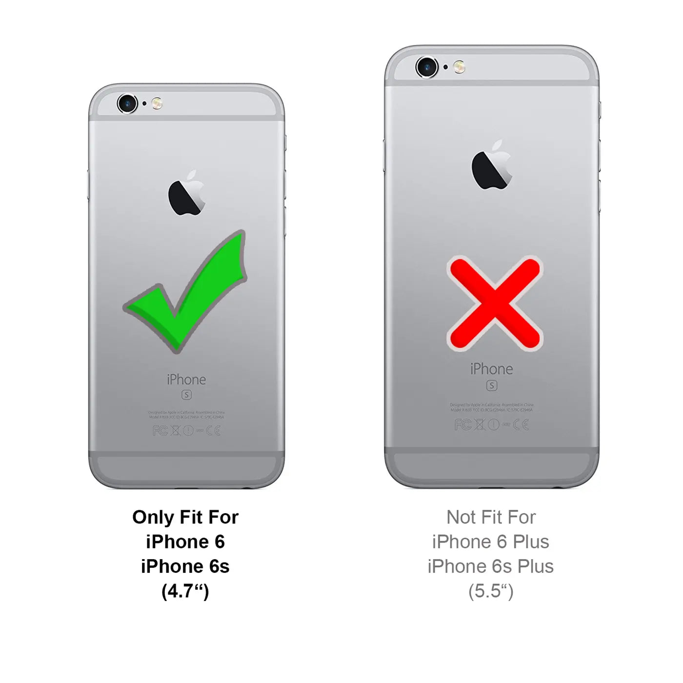 Rückseite von zwei silbernen iPhones (6/6S und 6/6S Plus) mit grünem Haken und rotem X zur Größenunterscheidung.