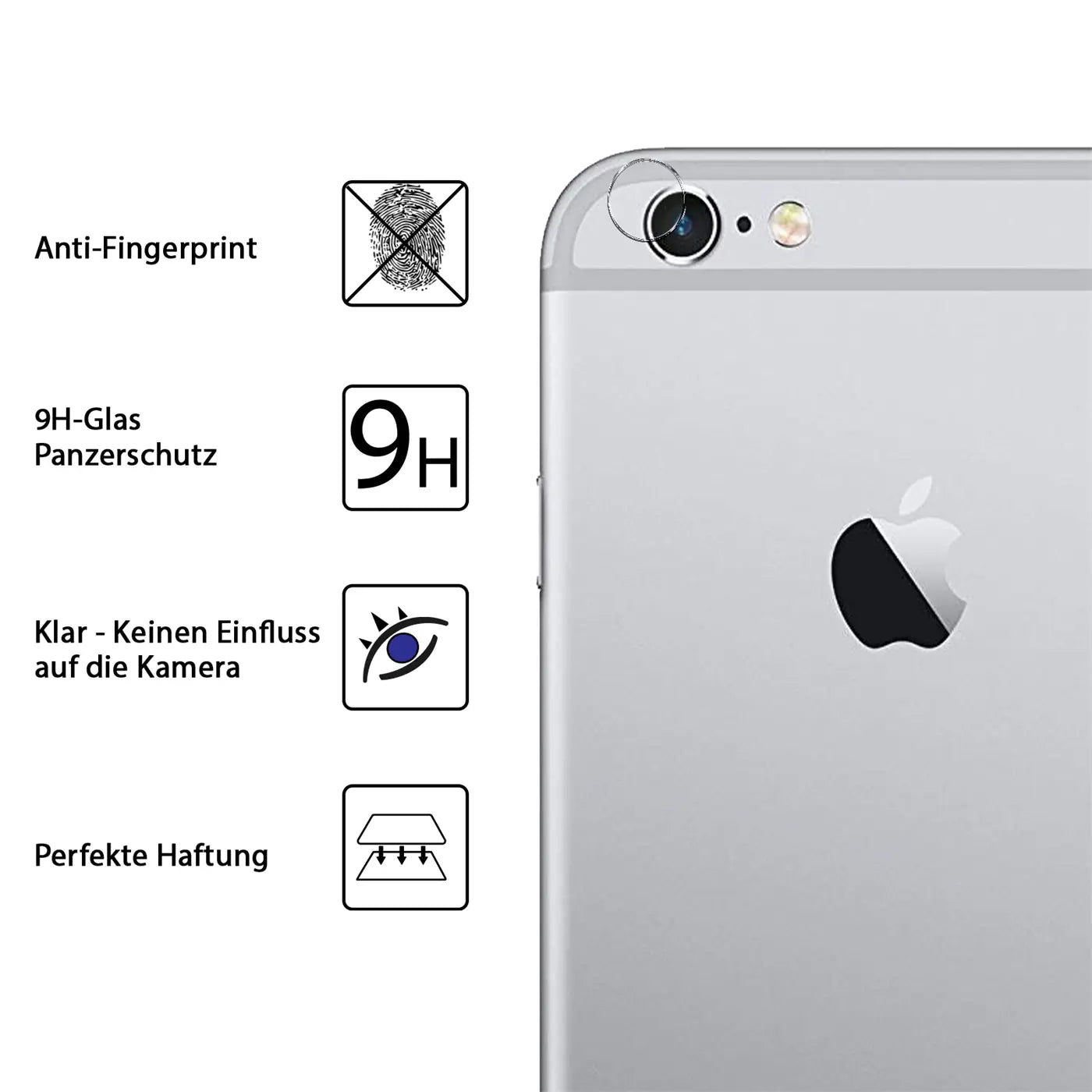 Silbernes iPhone 6/6S Rückseite mit Kamera und Apple-Logo, daneben 4 Symbole für Anti-Fingerprint, 9H-Glas, klare Kamera.