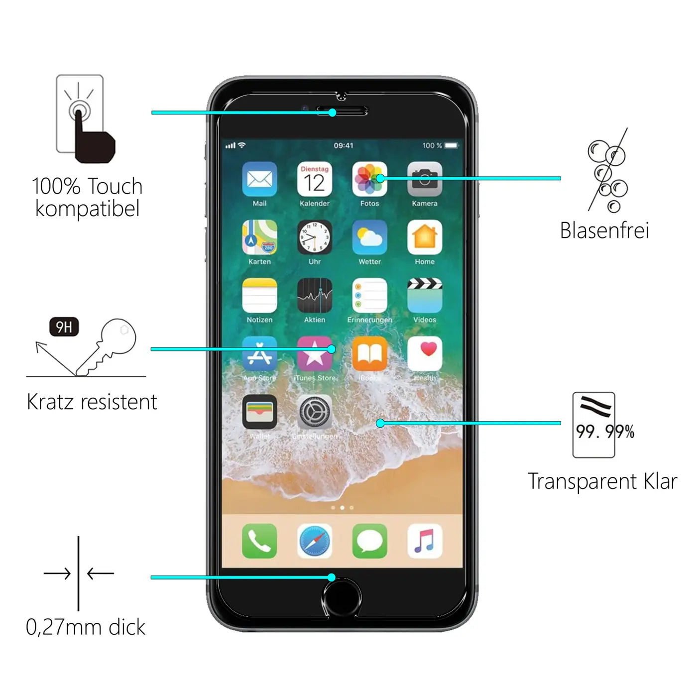 Schwarzes iPhone 6/6S mit Schutzglas, frontal. Blaue Linien zeigen auf Eigenschaften wie kratzresistent, blasenfrei, 0,27mm.