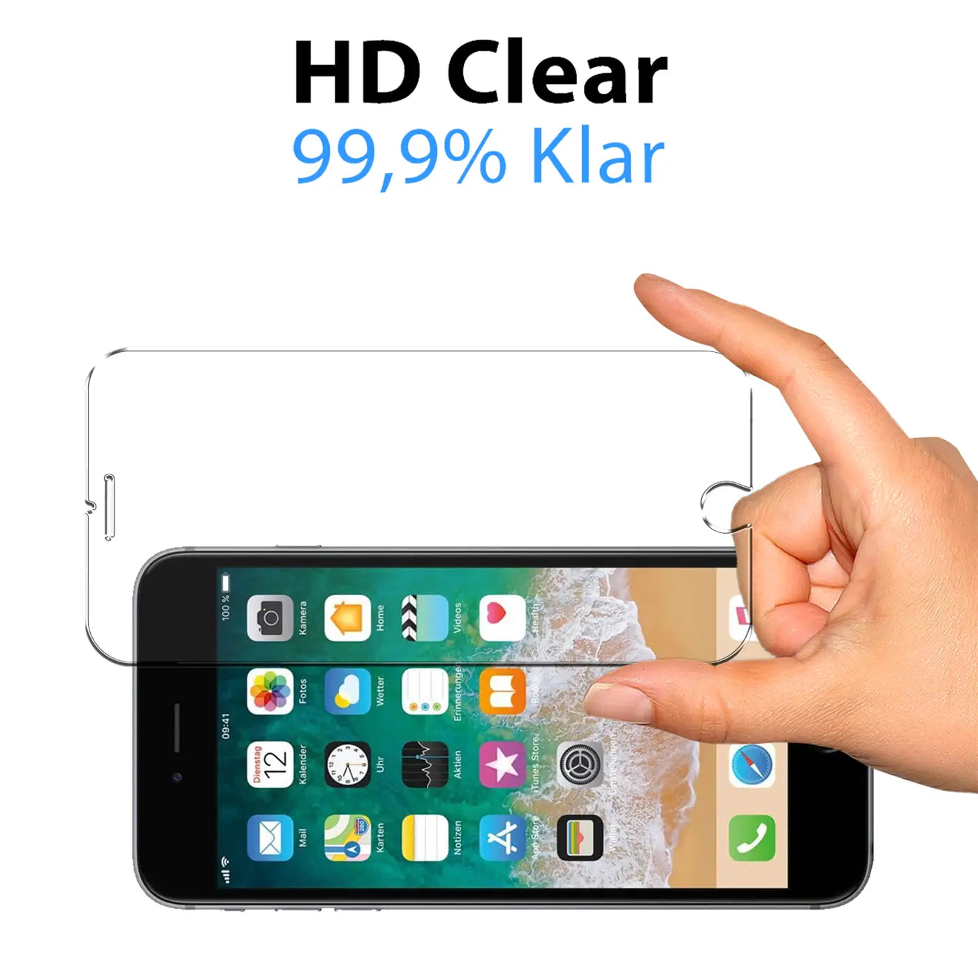 Hand hält transparentes Schutzglas über einem schwarzen iPhone 6/6S. Oben steht "HD Clear 99,9% Klar".