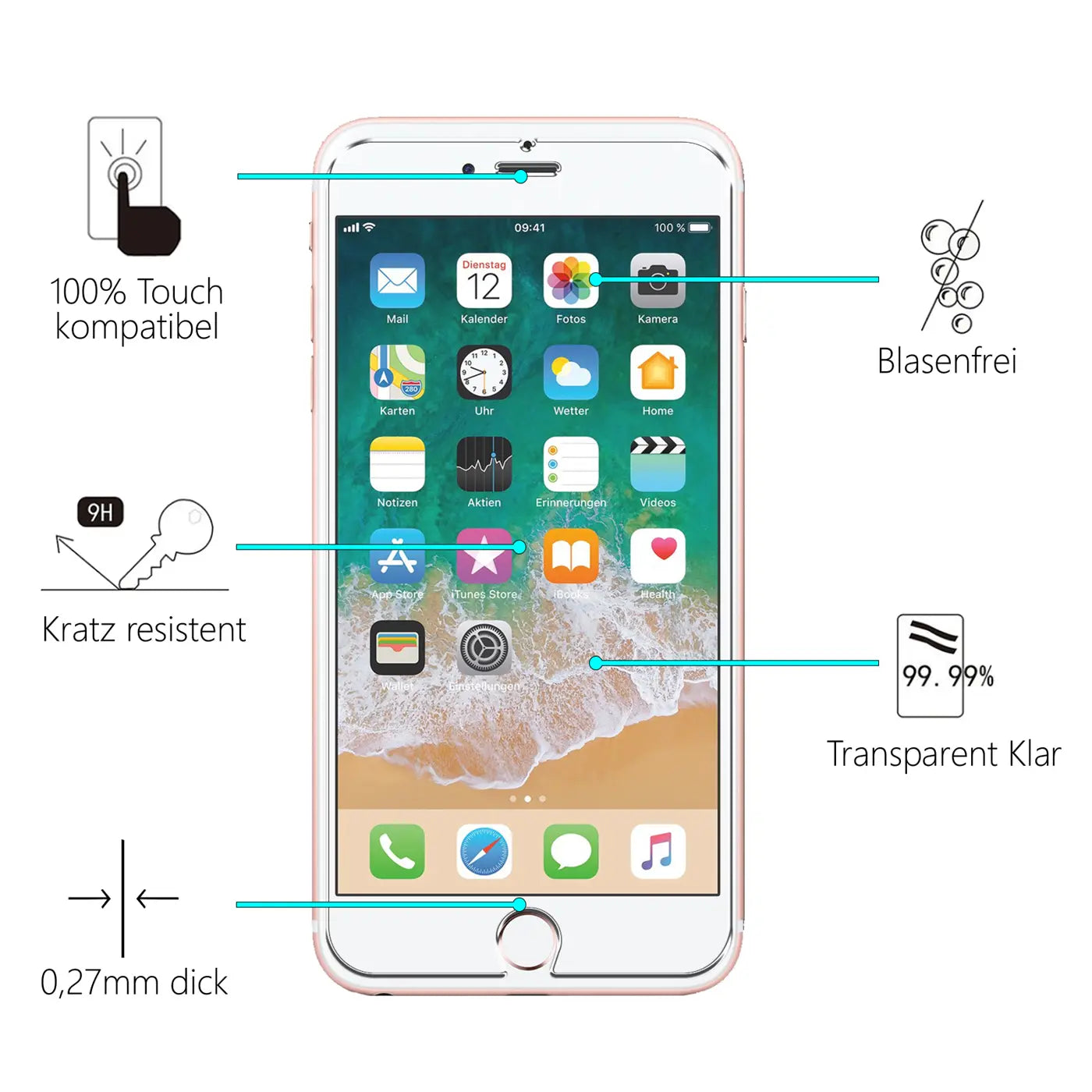 Frontansicht eines roségoldenen iPhone 6s Plus mit Schutzglas und Infografiken zu dessen Eigenschaften.