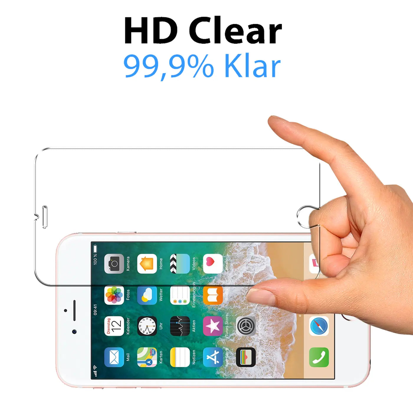 Hand hält klares Schutzglas über einem goldenen iPhone 6s Plus mit eingeschaltetem Display, von oben.