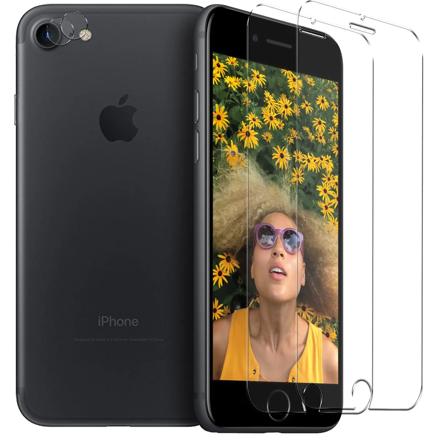 Schwarzes iPhone 7/8/SE 2/3 von hinten und schräg von vorne mit drei transparenten Schutzgläsern aus Glas.