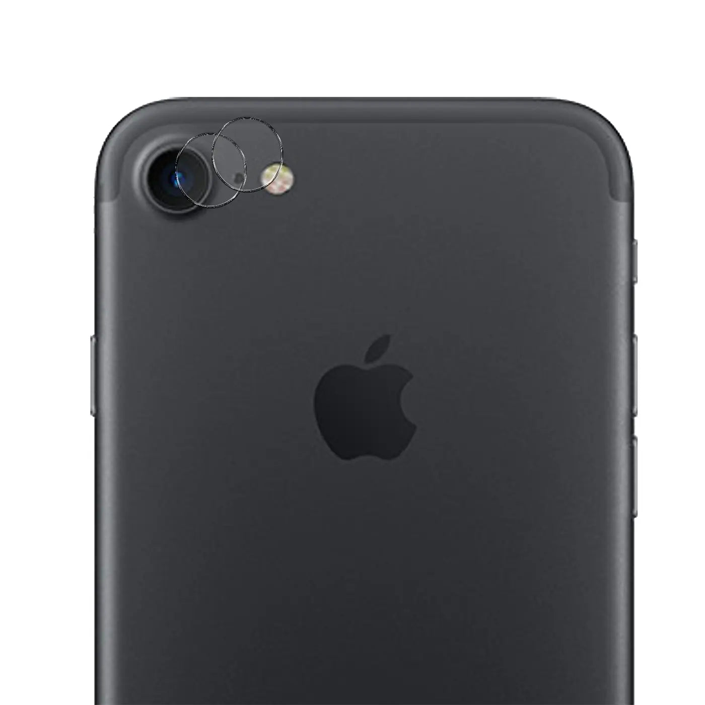 Rückseite eines schwarzen iPhone 7/8/SE mit drei transparenten, runden Schutzgläsern auf Kamera und Blitz.