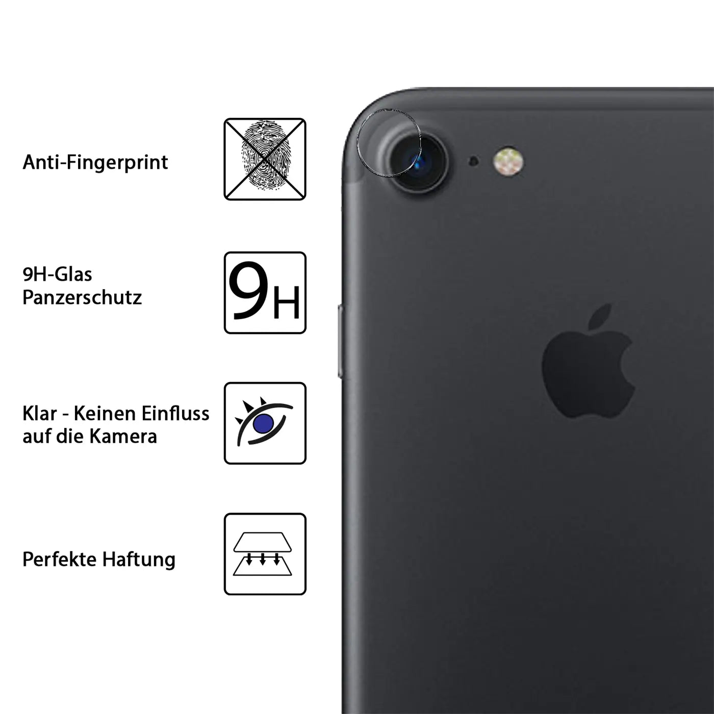 Rückseite eines mattschwarzen iPhone 7/8/SE mit montiertem, transparentem Kameraschutzglas. Links: 4 Produktmerkmale.