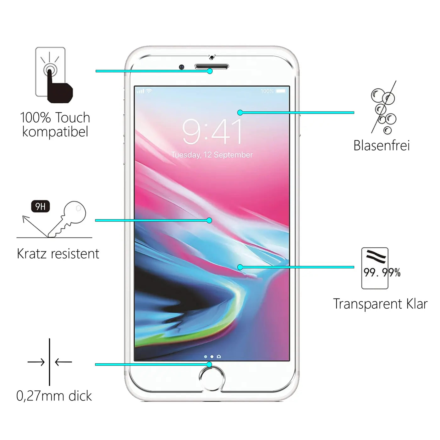 iPhone 7/8/SE 2/SE 3 mit transparentem Schutzglas, frontal. Eigenschaften wie kratzresistent, blasenfrei, 0,27mm dick.