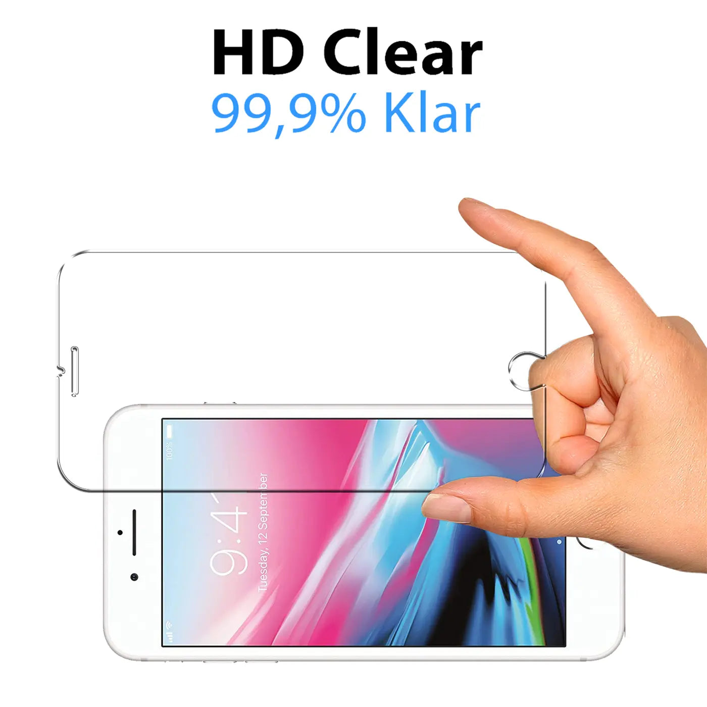 Eine Hand hält ein transparentes Schutzglas über einem weißen iPhone 8. Oben steht "HD Clear 99,9% Klar".