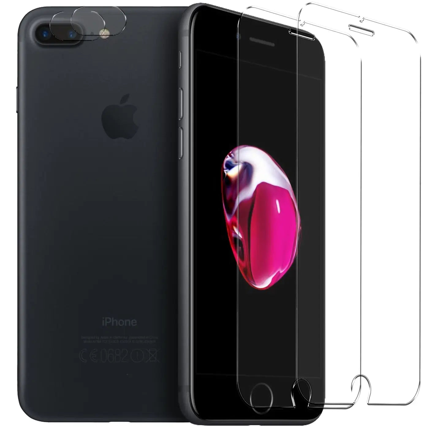 Schwarzes iPhone 7 Plus/8 Plus von hinten und schräg von vorne mit 2 transparenten Schutzgläsern für Display und Kamera.