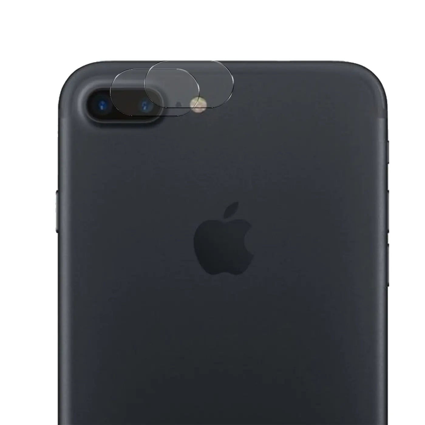 Rückseite eines schwarzen iPhone 7 Plus/8 Plus mit drei transparenten Schutzgläsern auf Kamera und Blitz.