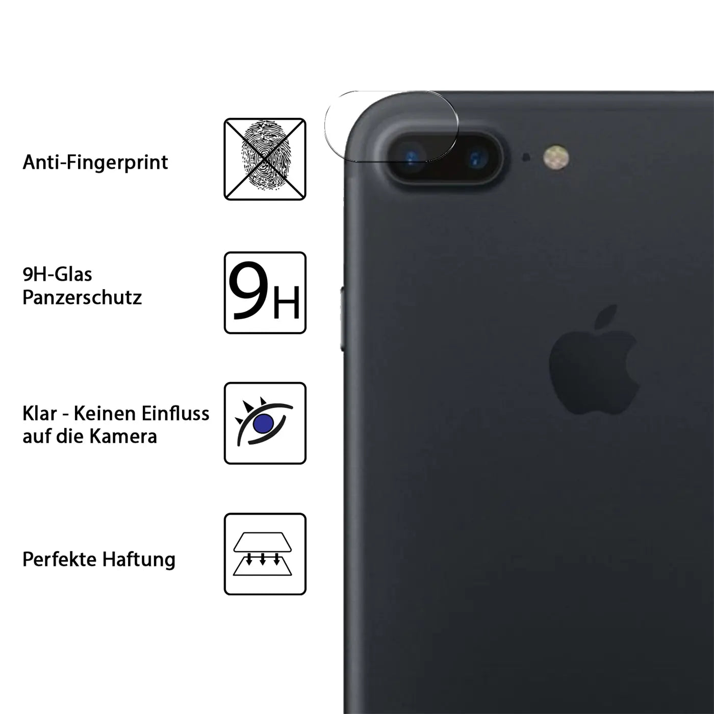 Schwarzes iPhone 7/8 Plus von hinten rechts oben, mit transparentem Schutzglas auf der Dual-Kamera.