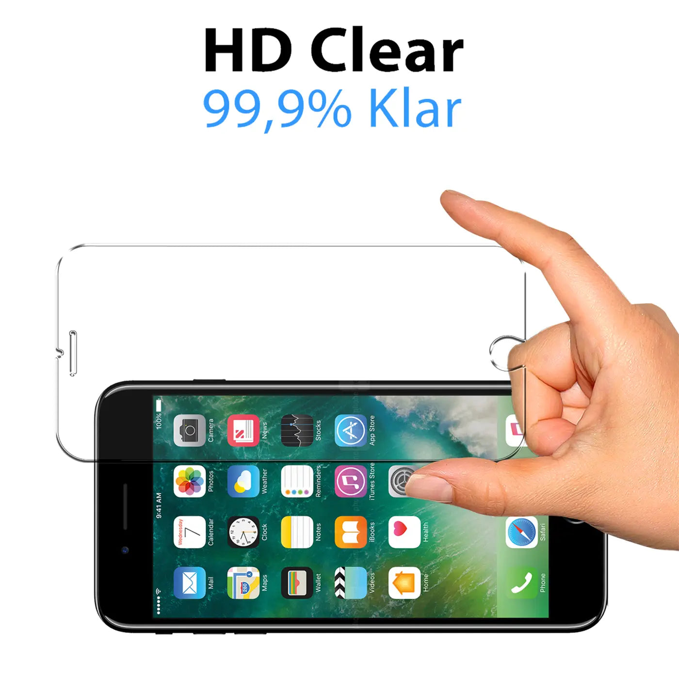 Hand hält klares Schutzglas über einem schwarzen iPhone 7 Plus/8 Plus mit farbigen App-Icons, schräg von oben.
