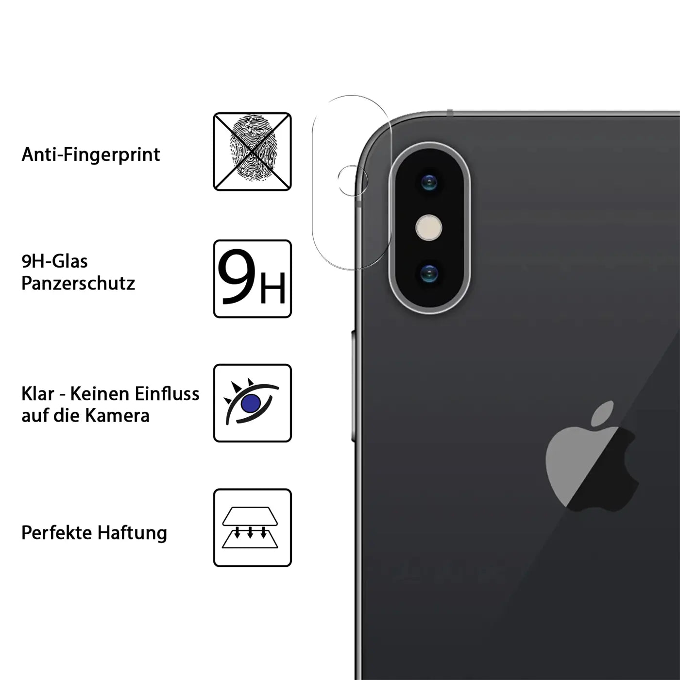 Rückseite eines schwarzen iPhone X/XS mit transparentem Kameraschutz aus Glas. Links sind 4 Icons mit Texteigenschaften.
