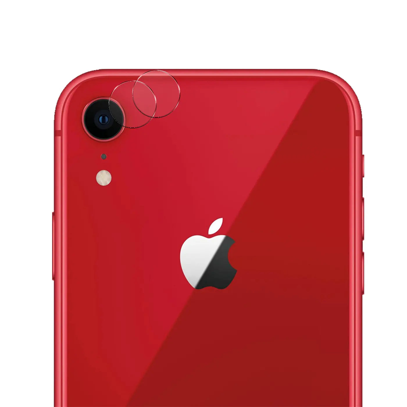 Rotes iPhone XR Rückseite mit zwei transparenten, runden Kameraschutzgläsern über der Linse, schräg von oben.