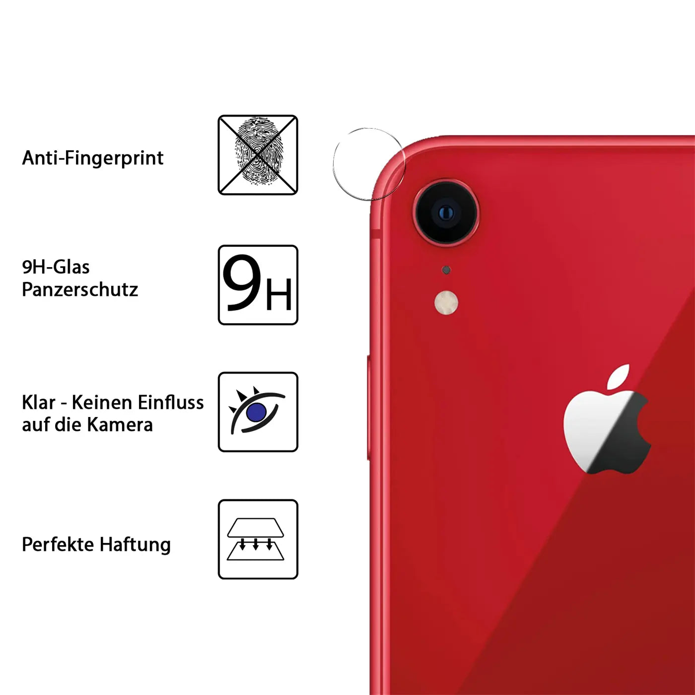 Rotes iPhone XR Rückseite mit Kamera-Schutzglas, daneben Icons für Anti-Fingerprint, 9H-Glas, klare Sicht und Haftung.