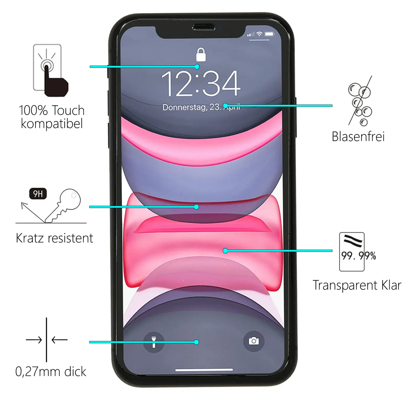 Schwarzes iPhone XR von vorne mit Schutzglas. Türkise Linien zeigen auf Textfelder mit Produktmerkmalen.