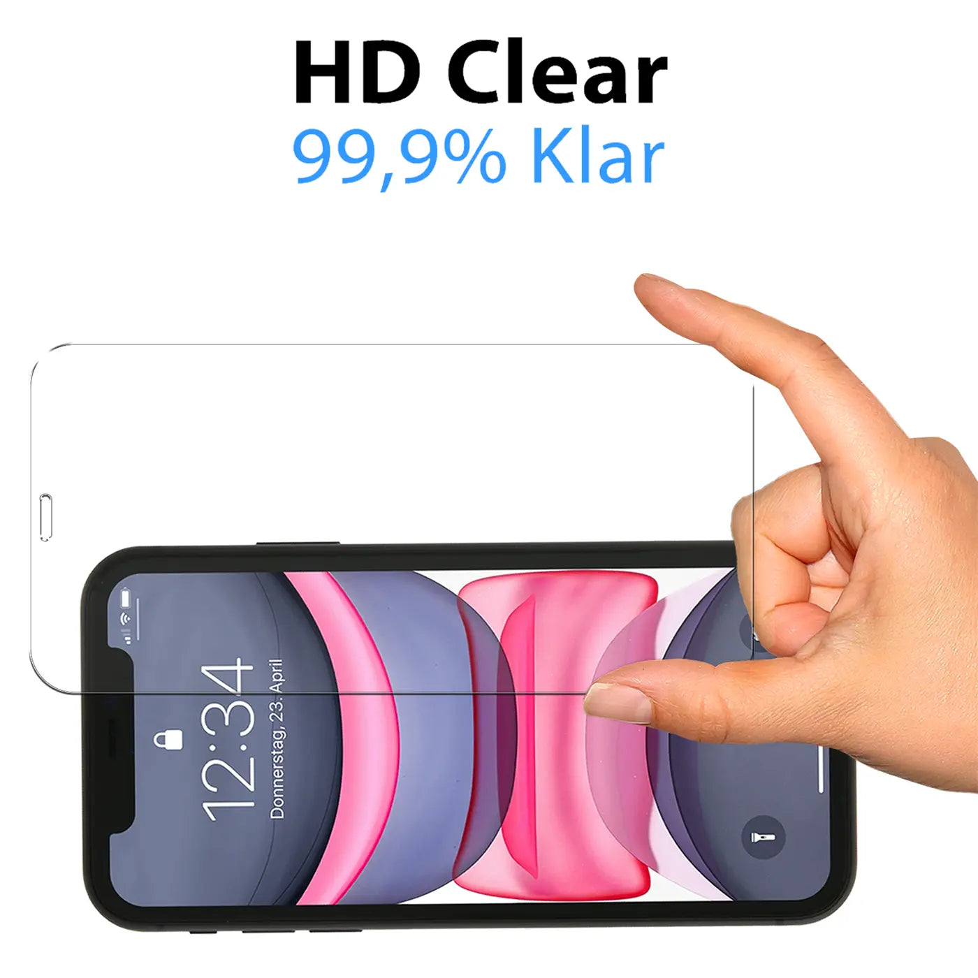 Hand hält transparentes Schutzglas über schwarzem iPhone XR, Display zeigt Uhrzeit und Datum.
