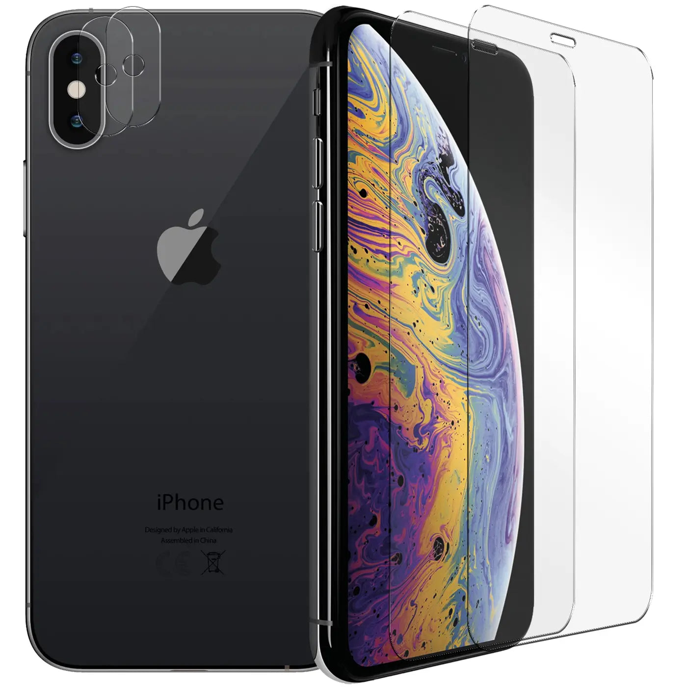 Schwarzes iPhone Xs Max mit zwei transparenten Schutzgläsern für Display und zwei für Kameras, schräg von vorne.