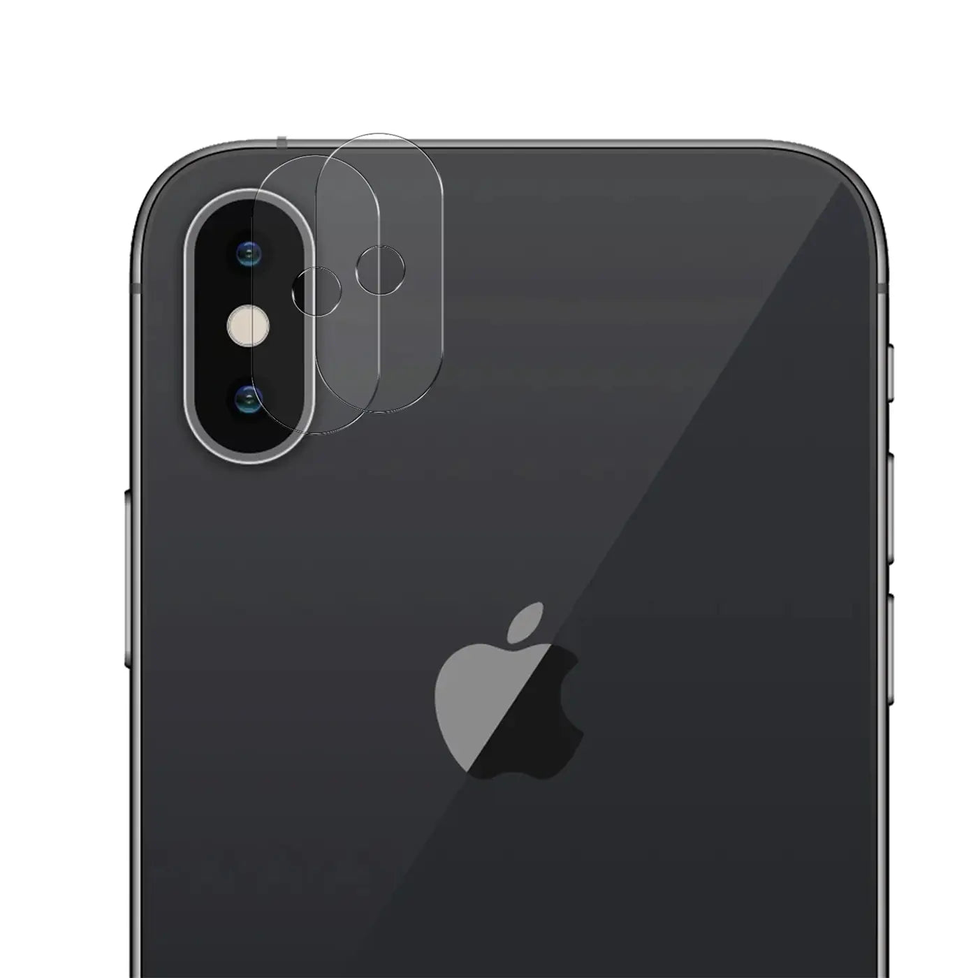 Rückseite eines schwarzen iPhone Xs Max mit zwei transparenten Schutzgläsern für die Kamera, von oben rechts.
