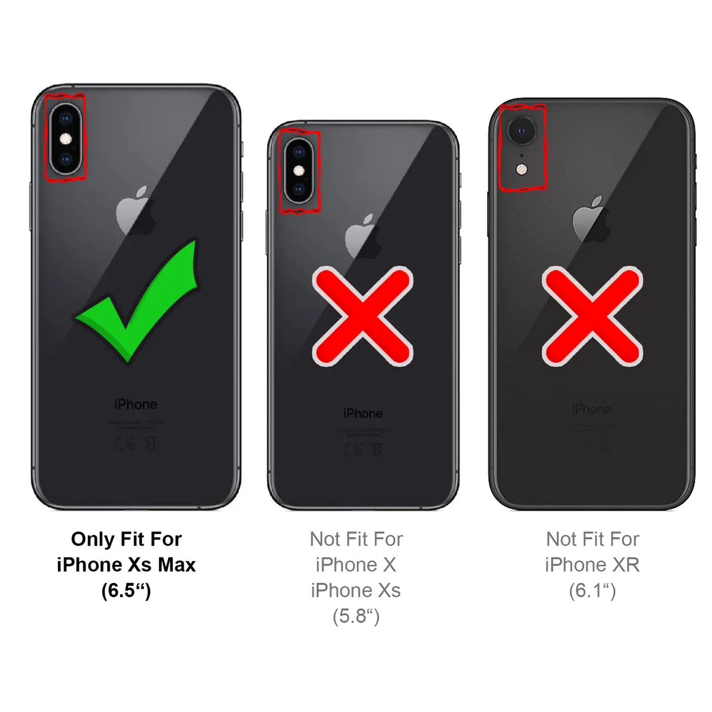 Drei schwarze iPhone-Rückseiten (Glas/Metall) von oben: iPhone Xs Max (Haken), iPhone X/Xs (rotes X), iPhone XR (rotes X).