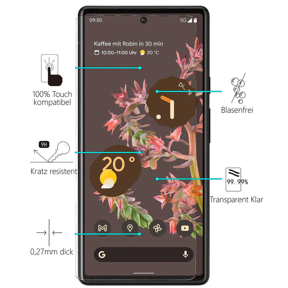 Schwarzes Google Pixel 6 mit Schutzglas von vorne, umgeben von blauen Linien zu Eigenschaften wie "Kratz resistent".