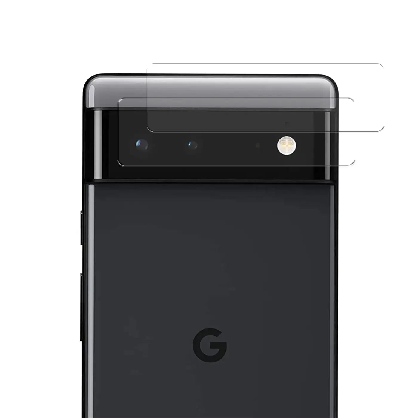 Rückseite eines schwarzen Google Pixel 6 mit zwei transparenten Schutzgläsern auf der Kamera, leicht schräg von oben.