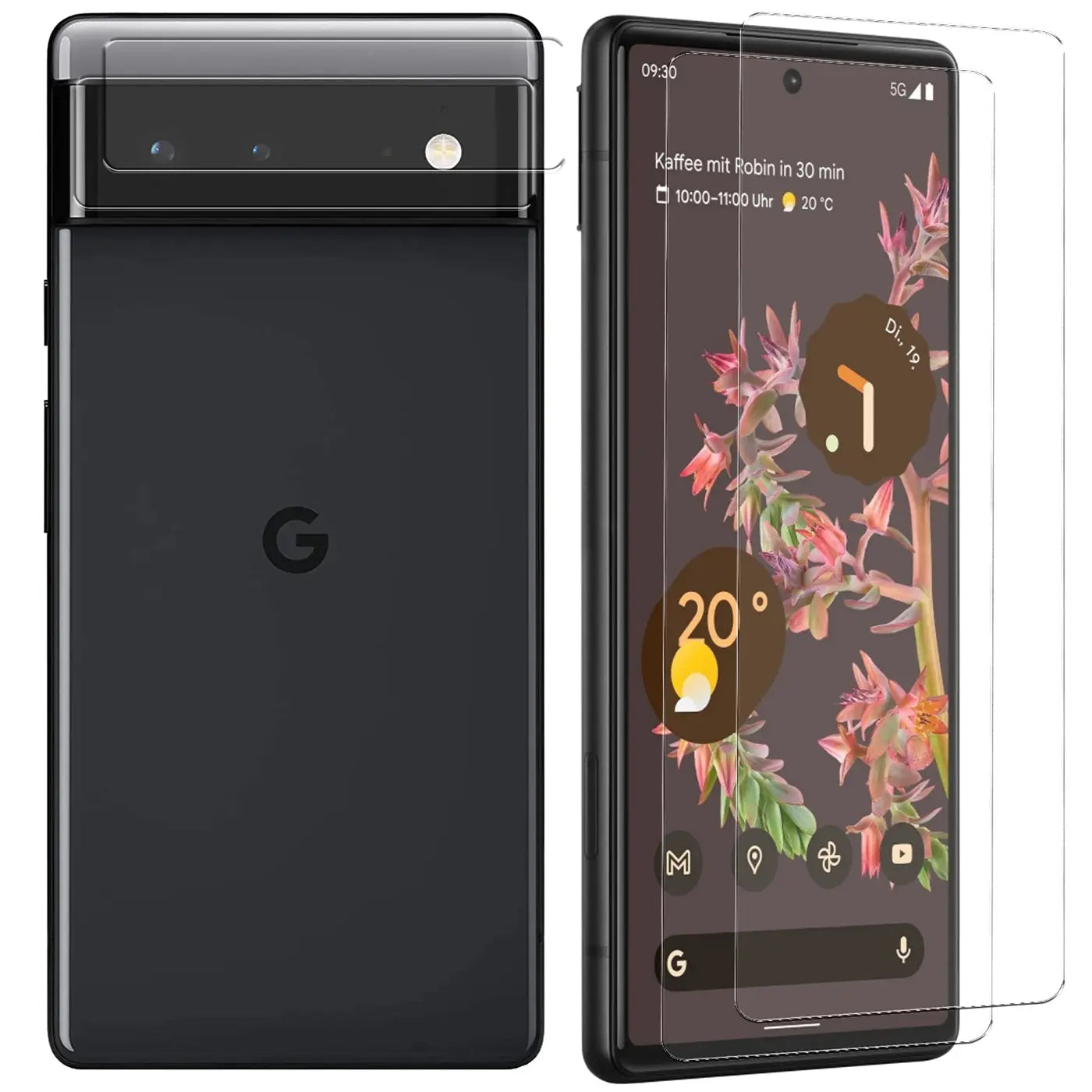 Google Pixel 6 Pro in Schwarz mit 2 transparenten Schutzgläsern (Display & Kamera), schräg von hinten und vorne.