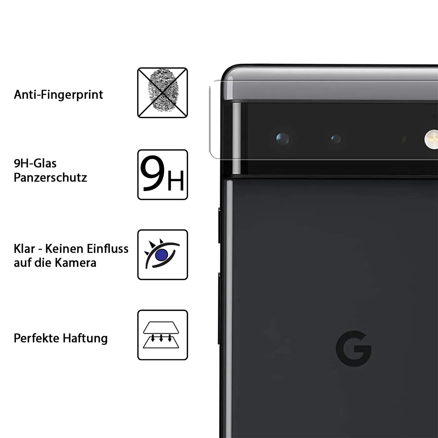 Rückseite eines schwarzen Google Pixel 6 Pro mit transparentem Kameraschutzglas und vier Produktmerkmal-Icons.