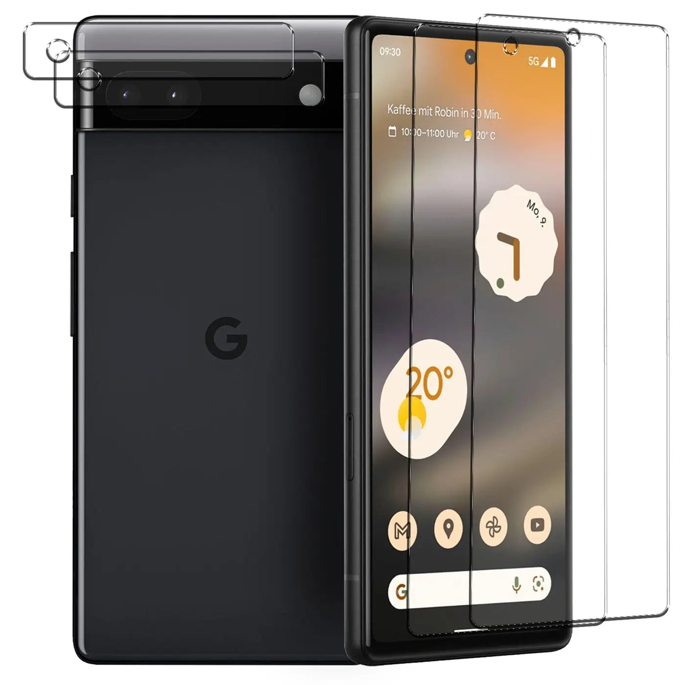 Schwarzes Google Pixel 6a von hinten und vorne, mit 2 transparenten Schutzgläsern für Display und 2 für Kamera.