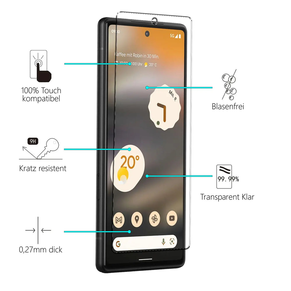 Schutzglas auf schwarzem Google Pixel 6a von schräg oben. Transparente Glasfolie mit 0,27mm Dicke, kratzresistent.