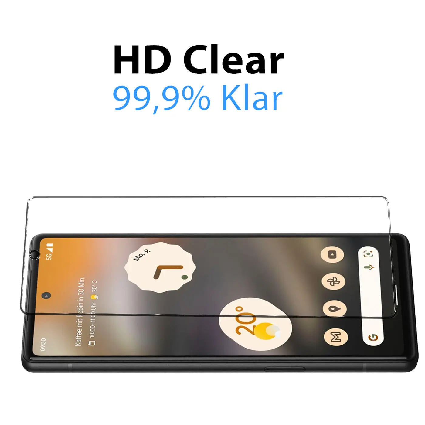 Klares Schutzglas auf schwarzem Google Pixel 6a Smartphone, leicht schräg von oben. Text: "HD Clear 99,9% Klar".